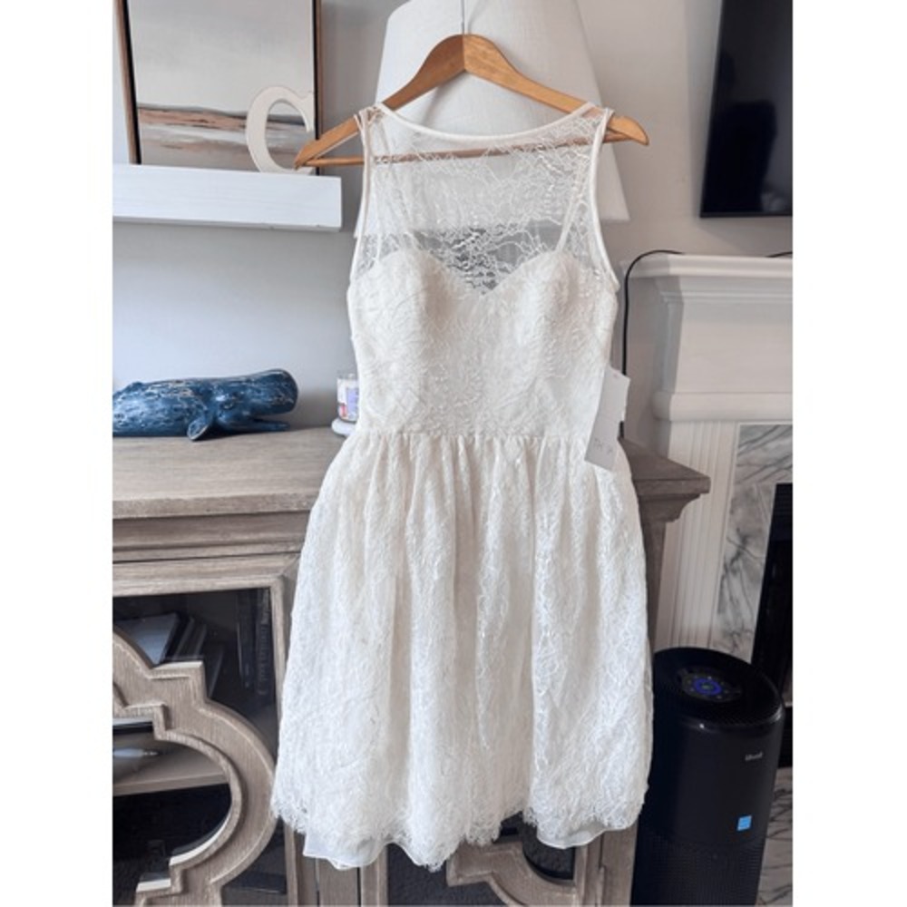 THEIA Lace Illusion Cocktail Dress Womens Ivory White Size 4 (H1)